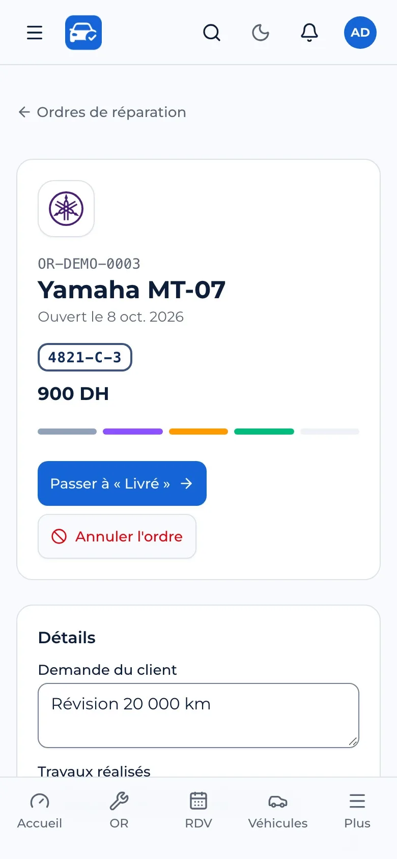 Fiche d'ordre de réparation, pièces et facture