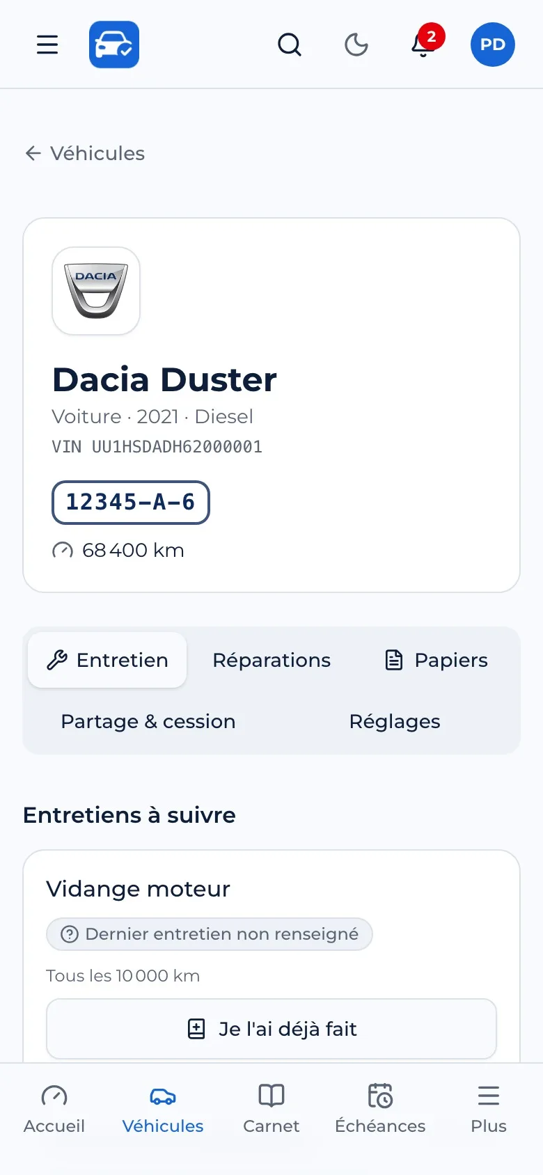 Fiche véhicule et plan d'entretien